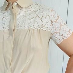 Weekend Max Mara Silk Cream Blouse with Floral Lace Trim Size S