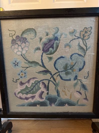 Large Late Victorian Bobbin-Turned Firescreen with Floral Needlepoint