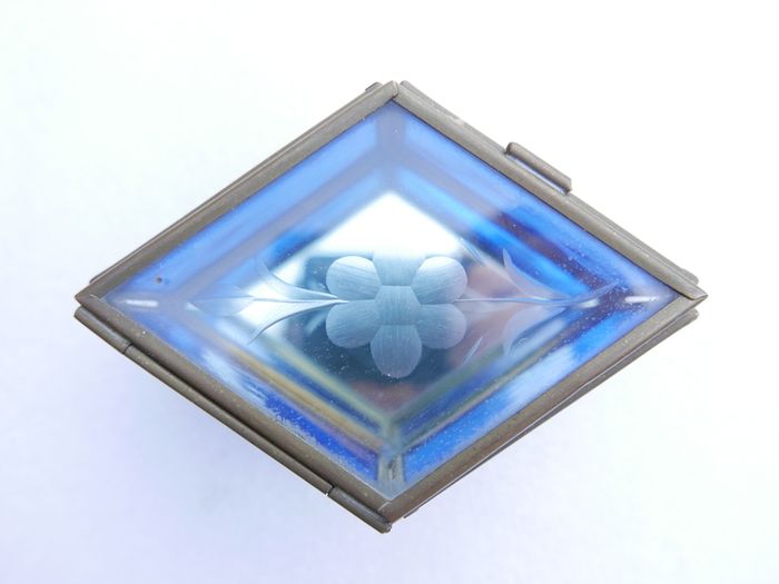 Vintage blue and clear etched flowers Brass trinket box , glass jewelry box