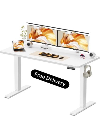 140 x 60 cm Standing Desk, Electric Height Adjustable Desk with 2 Hooks