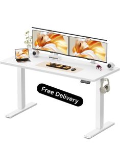 140 x 60 cm Standing Desk, Electric Height Adjustable Desk with 2 Hooks