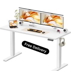 140 x 60 cm Standing Desk, Electric Height Adjustable Desk with 2 Hooks