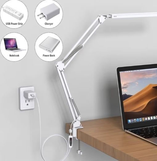 LED Desk Lamp with Clip Eye Protection Desk Lamps for Study - Swing Arm USB Desk Lamp Office - 3 Light Modes x 10 Brightness Levels - 5V/2A Adapter White