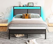 Metal Bed Frame Double Platform Upholstered Bed Frame with Storage Headboard, Heavy Duty Metal Bed