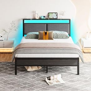 Metal Bed Frame Double Platform Upholstered Bed Frame with Storage Headboard, Heavy Duty Metal Bed