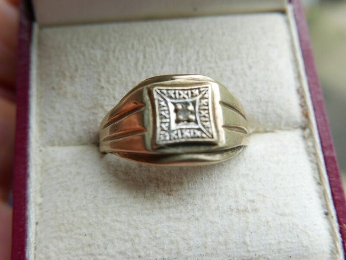 Vintage 9Ct Solid Yellow Gold 375 Diamond Mens Signet Ring 3,5g size S