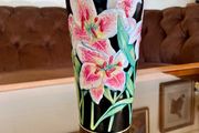 Vintage Metal Ware St Michaels Shortbread Tin Cannister Pink Stargazer Lilies Lid Nice