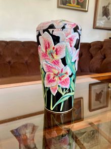 Vintage Metal Ware St Michaels Shortbread Tin Cannister Pink Stargazer Lilies Lid Nice