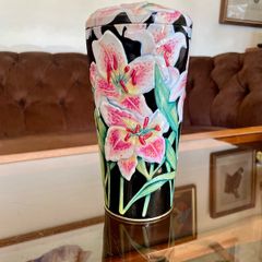 Vintage Metal Ware St Michaels Shortbread Tin Cannister Pink Stargazer Lilies Lid Nice