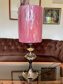 Retro Modern Polished Nickel Chrome Tall Table with Fabric Shade