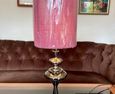 Retro Modern Polished Nickel Chrome Tall Table with Fabric Shade