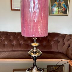 Retro Modern Polished Nickel Chrome Tall Table with Fabric Shade