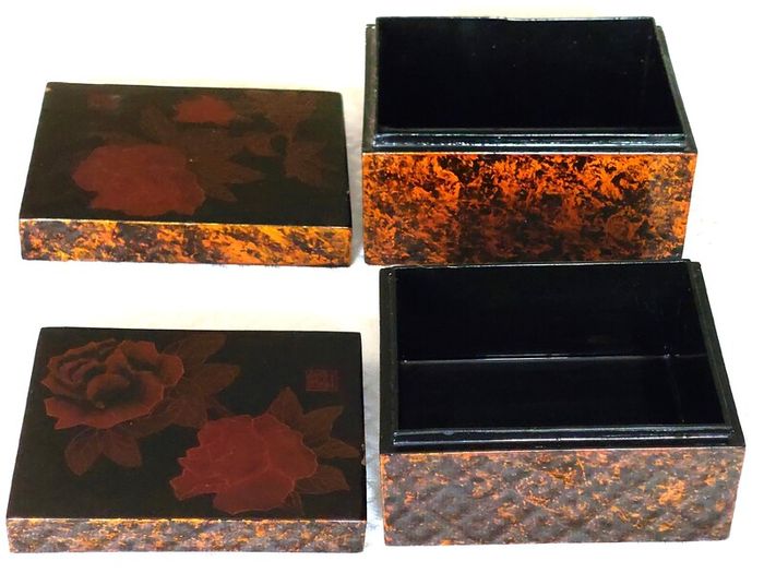 2 x Chinese Flower Themed Lacquered Boxes