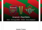 Arsenal v real betis tickets at aviva