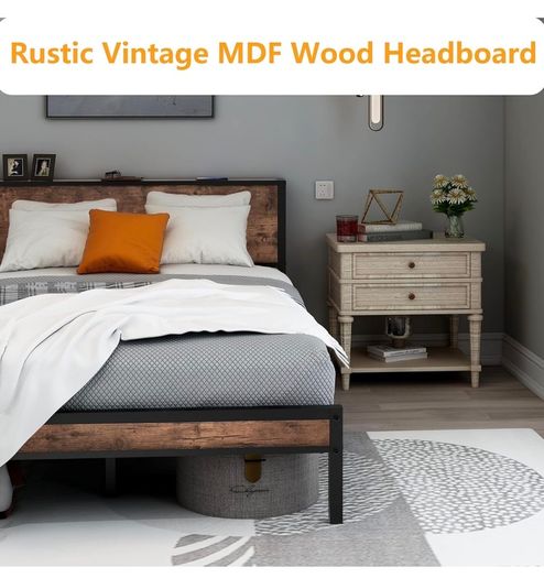 Double Bed Frame with Storage Headboard,Brown 4ft6 Metal Platform Bed frame with Wooden Headboard,Mattress Base,Underbed Storage,No Box Spring Needed