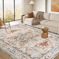 Washable Rugs for Living Room 160x230cm Non-Slip Soft Bedroom Rugs Thin Distressed Carpet Rug Low Profile Floor Rug for Office Bathroom Dinning Room Playroom(Beige)