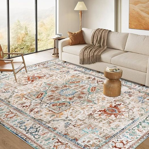 Oriental Large Rugs for Living Room 200x290cm Non-Slip Bedroom Rugs Machine Washable Area Carpet Low Profile Floor Carpet Mat for Indoor Kitchen Dinning Room Playroom(Beige