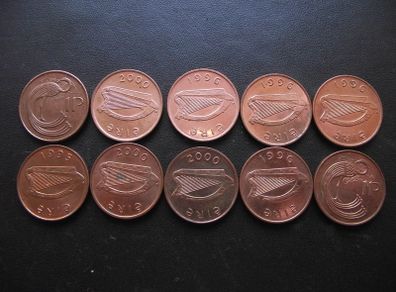 10 Irish 1 penny coins (1995-2000) Nice Condition!