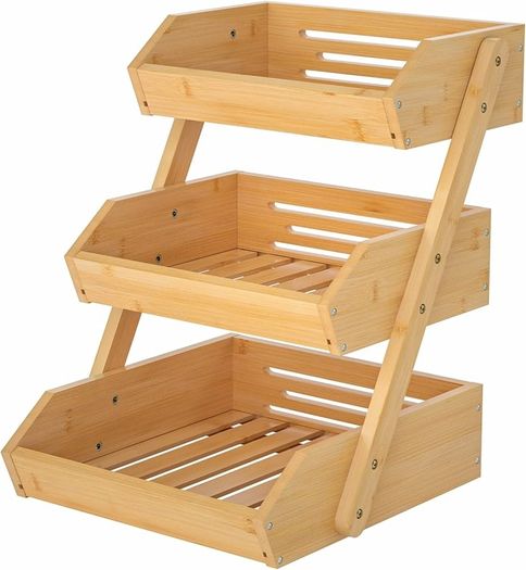 3-Tier Bamboo Fruit Basket Bowl Holder, Bread Vegetables Storage Stand for Kitchen Countertop, Snacks Rack in Home Kitchen and Office