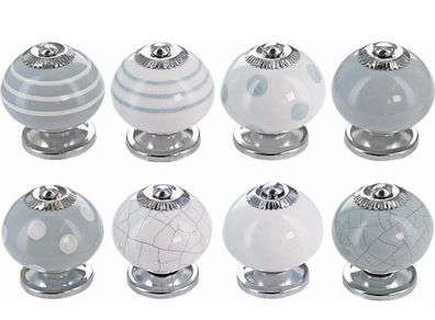 Grey and White Handmade Assorted Designs Ceramic Door Knobs, Vintage, Shabby Chic, Interior Furniture, Cabinet Cupboard Wardrobe Drawers Pulls Handles (8-Pack)