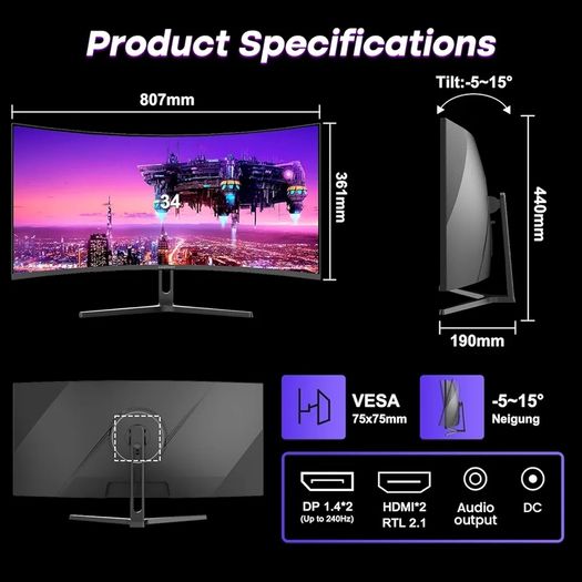 34-Inch Curved Gaming Monitor, 3440x1440 WUQHD, 240Hz, 1ms MPRT, Fast VA Curved Screen, 1500R, Adaptive Sync, HDR, sRGB 130%, 3000:1 Contrast, HDMI2.1&DP1.4, VESA Mount, PIP/PBP, AMZG34C5QPro
