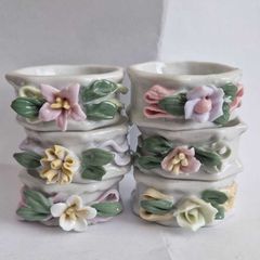 Six Vintage Floral Octagon Porcelain Napkin Rings