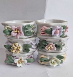 Six Vintage Floral Octagon Porcelain Napkin Rings