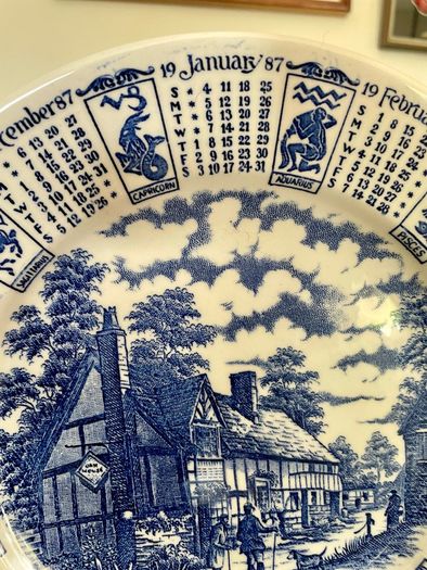 Vintage 1987 Calendar Plate English Blue and White Ironstone Rustic Wall Decor Retro Gift