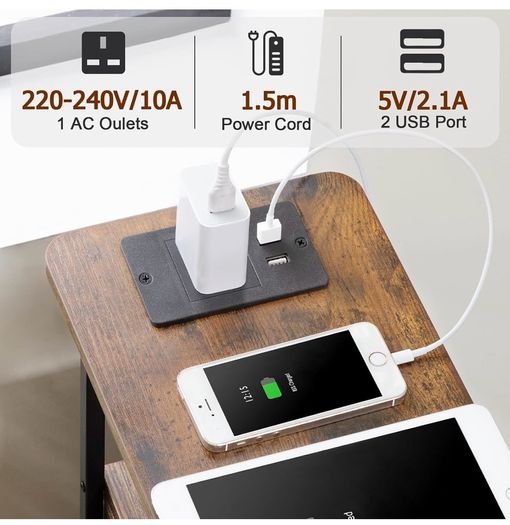 Slim Bedside Table Set of 2 with Charging Station