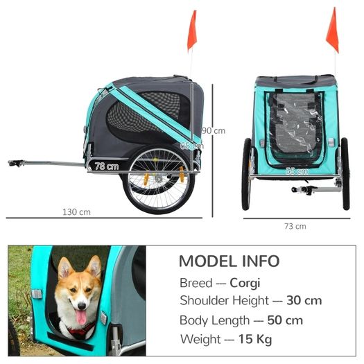 Folding Dog Bike Trailer Pet Cart Carrier for Bicycle Travel in Steel Frame with Hitch Coupler - Light Blue & Grey