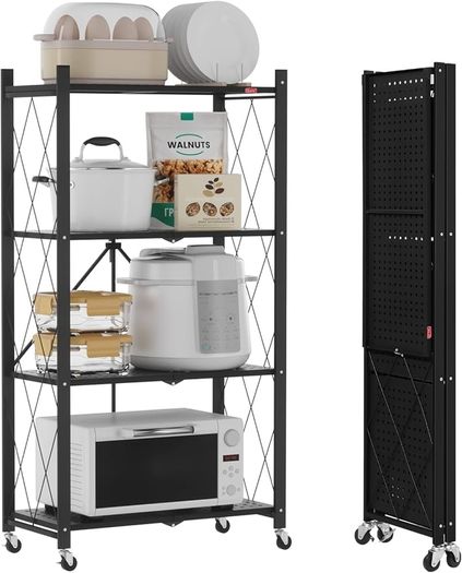 Folding Storage Shelves,4 Tiers Metal Shelving Units for Storage 61x116x28 CM, Corner Kitchen Shelves on Wheels,Pantry Shelves,Bookcase for Living room Black