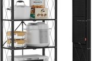 Folding Storage Shelves,4 Tiers Metal Shelving Units for Storage 61x116x28 CM, Corner Kitchen Shelves on Wheels,Pantry Shelves,Bookcase for Living room Black