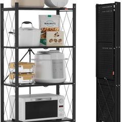 Folding Storage Shelves,4 Tiers Metal Shelving Units for Storage 61x116x28 CM, Corner Kitchen Shelves on Wheels,Pantry Shelves,Bookcase for Living room Black