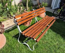 Garden Bench Cast iron forged steel fully restored seat outside outdoor garden sitting treated timber decorations, furniture patio  decking, home house cottage ignore flowers pots plants, garden statue chair  swing patio heater bbq hammock sun  farm shop
