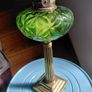 antique French large green glass oil lamp, works Image 9