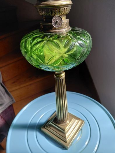 antique French large green glass oil lamp, works