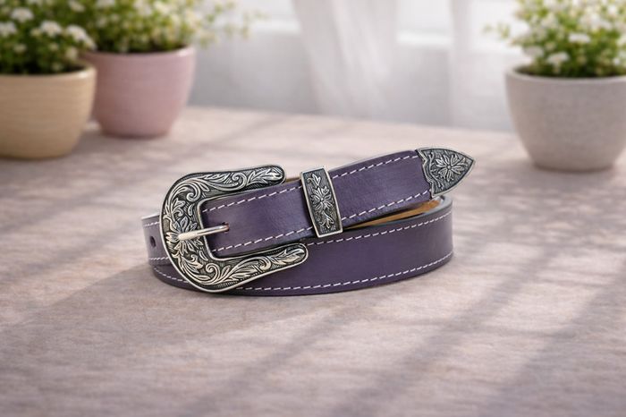 Unisex Premium Purple Genuine Leather Belt Vintage Engraved Silver Buckle