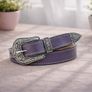 Unisex Premium Purple Genuine Leather Belt Vintage Engraved Silver Buckle Image 3