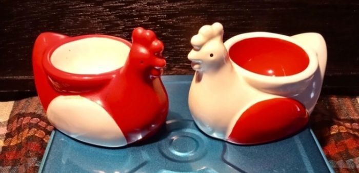 Pair Of Red And White Chicken Egg Holders. Collection Or Buyer Pays Post.