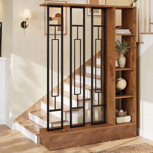 120cm Modern Wood & Metal Room Divider with Shelves, Freestanding Privacy Screen, Brown & Black, for Living Room, Office & Entryway