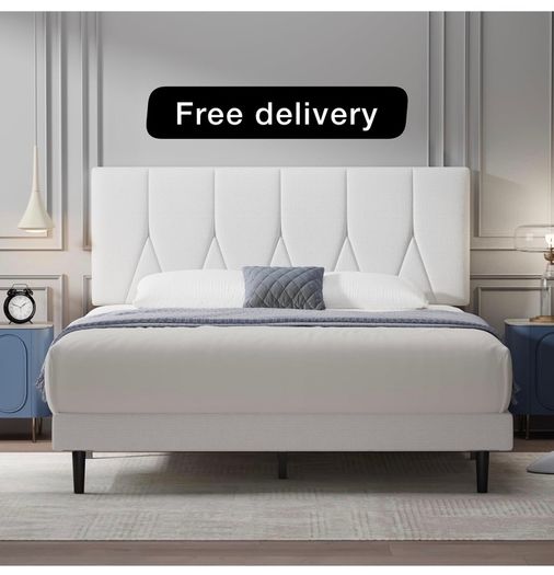 King Bed Frame, White, Upholstered Wooden Slat Bed Frame with Headboard