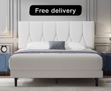 King Bed Frame, White, Upholstered Wooden Slat Bed Frame with Headboard
