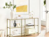 LARGE GOLD  GLASS CONSOLE TABLE   130 x 30 x 73 cm  hallway table, 3 levels, side table, tempered glass shelves metal frame, modern, for hallway, living room, bedroom, gold-coloured