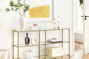 LARGE GOLD  GLASS CONSOLE TABLE   130 x 30 x 73 cm  hallway table, 3 levels, side table, tempered glass shelves metal frame, modern, for hallway, living room, bedroom, gold-coloured