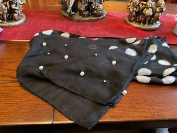 Samoon. FURTHER REDUCED.   Scarf In Black With White Polka Dots And A Littlle  Blue and Pink Also , With Decorative Pearls At The End