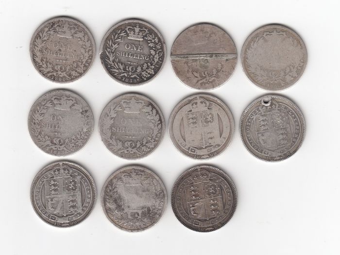 G.B. 11 x 1/-, 92.5% Silver, Young & Jubilee Head, Coins (1 holed) ( 1 ex mount) ( no. G22)