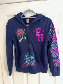 Ed Hardy Girls Navy Zip Hoodie - Size Large