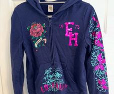 Ed Hardy Girls Navy Zip Hoodie - Size Large