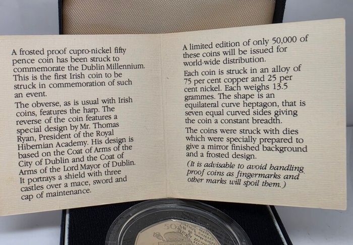 Ireland 1988 Proof 50p Fifty Pence Dublin Millennium 988-1988 Commemorative Coin in Original Holder with COA