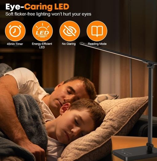 Desk Lamp Eye-Caring LED Table Lamp Dimmable Bedside Lamp with 2 USB Charging Ports and 10 Brightness Levels x 5 Colour Modes Touch Control Daylight Lamp for Office, Bedside, Reading- Auto Timer